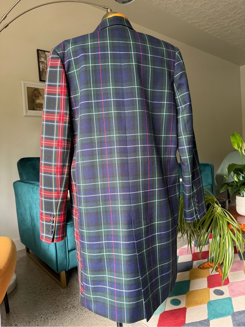 ASOS Two-Tone Plaid Long Blazer Coat in Red & Green - Picture 3 of 4